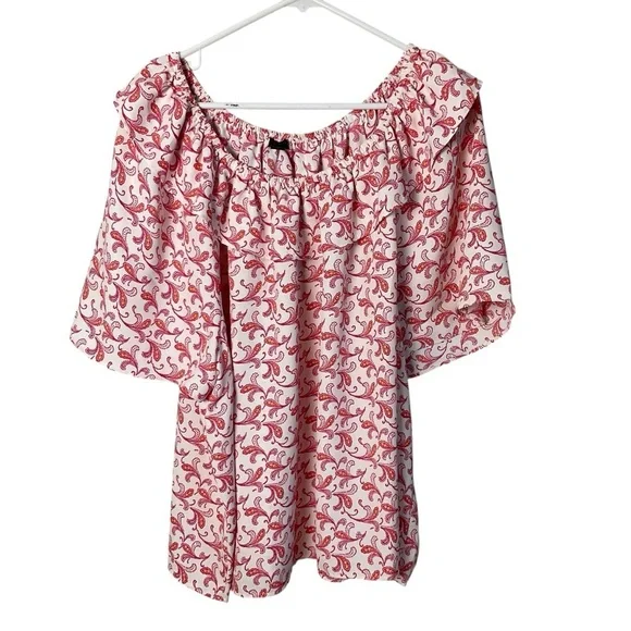 Ann Taylor XXL Ruffle Neck Paisley Blouse Pink Red Short Sleeve Top - Picture 3 of 9